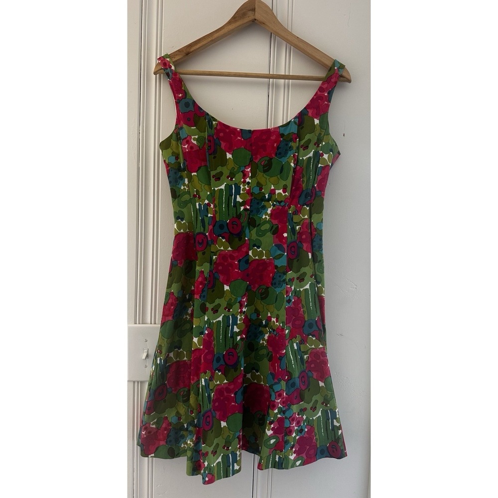 Floral Mini Dress Petite 6 Fit Flare Pink Green Sleeveless Retro Preppy Summer